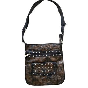 METALLIC brown & black cross body bag rhinestones & studs with adjustable straps